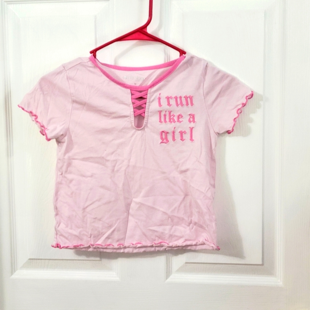 Light pink and barbie pink shirt " i run Like a girl"